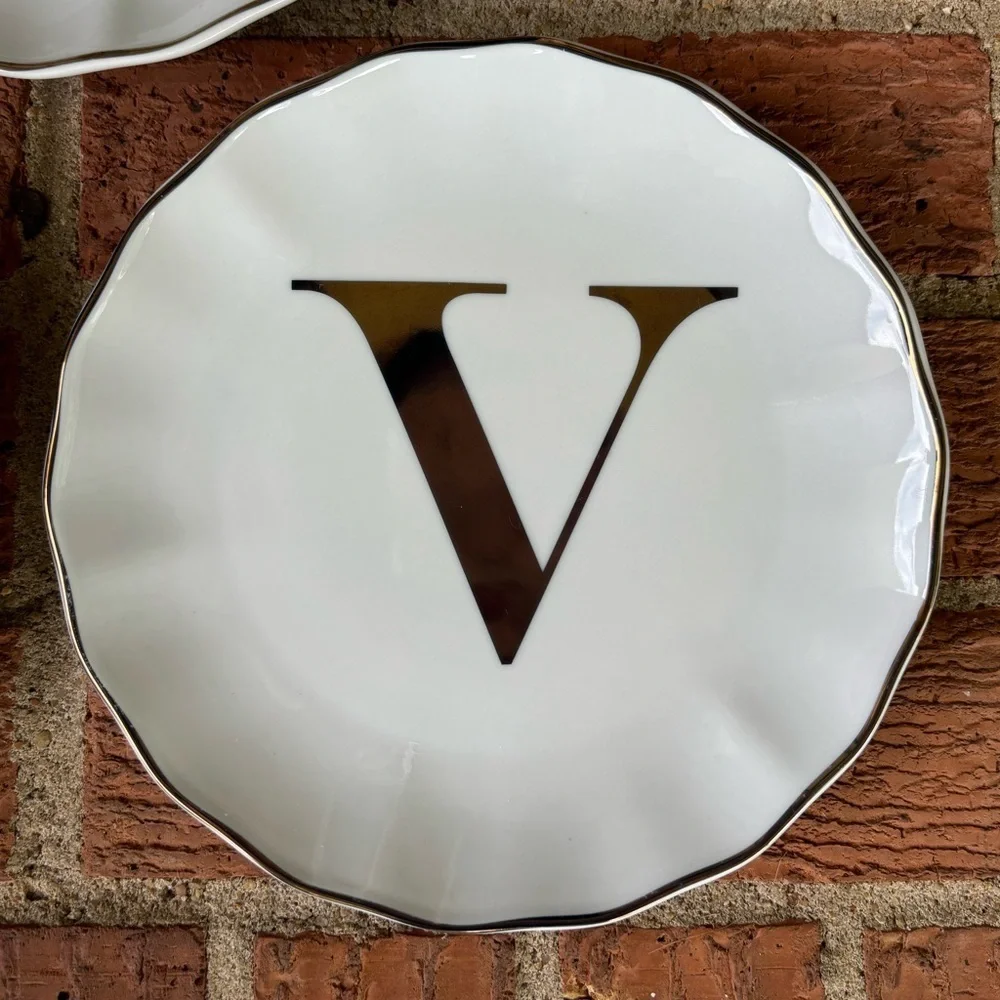 Set of 3 New Williams Sonoma White & Gold Monogram Initial V Appetizer Plates
